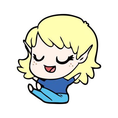 oturan mutlu karikatür elf kızı