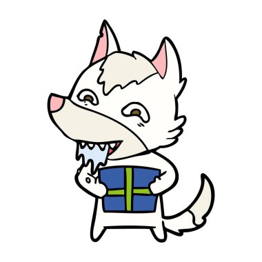 Noel hediyesi holding karikatür aç kurt