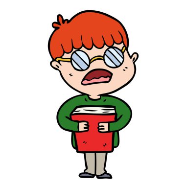 çizgi film çocuk gözlük takıyor kitap sarılma