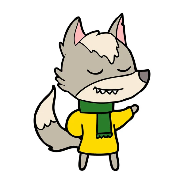Friendly Cartoon Wolf Wearing Scarf — Stock Vector