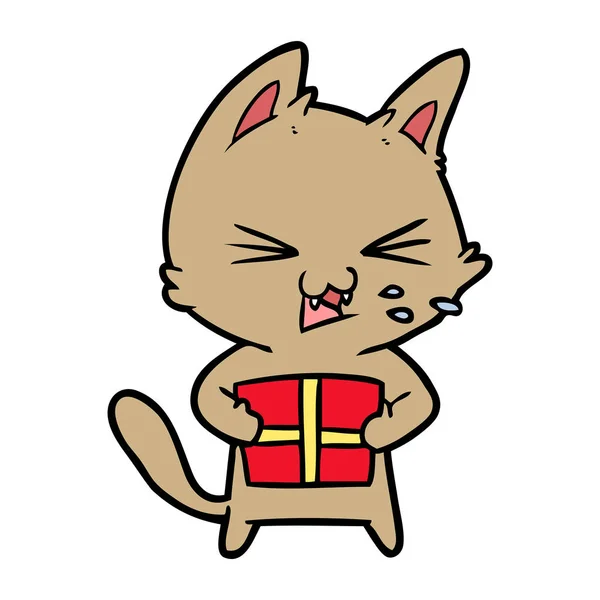 Desenho Animado Sibilante Gato Com Presente Natal —  Vetores de Stock