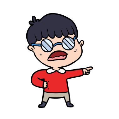 çizgi film işaret eden çocuk gözlük takıyor