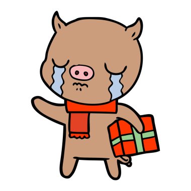 domuz üzerinde Noel hediyesi ağlıyor çizgi film