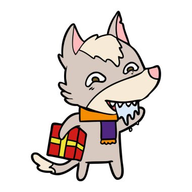 Noel hediyesi holding karikatür aç kurt