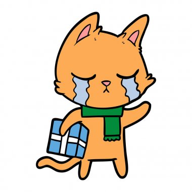 Noel hediyesi tutan ağlayan karikatür kedi