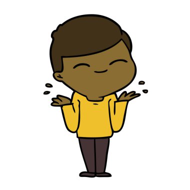 omuzlarında shrugging boy gülümseyerek çizgi film