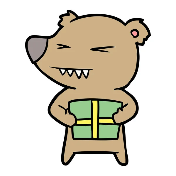 Desenho Animado Urso Irritado Com Presente — Vetor de Stock