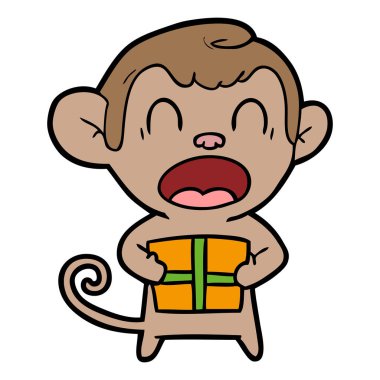 Noel hediyesi taşıyan karikatür maymun bağırarak