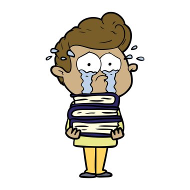 çizgi film ağlayan öğrenci kitap yığını ile