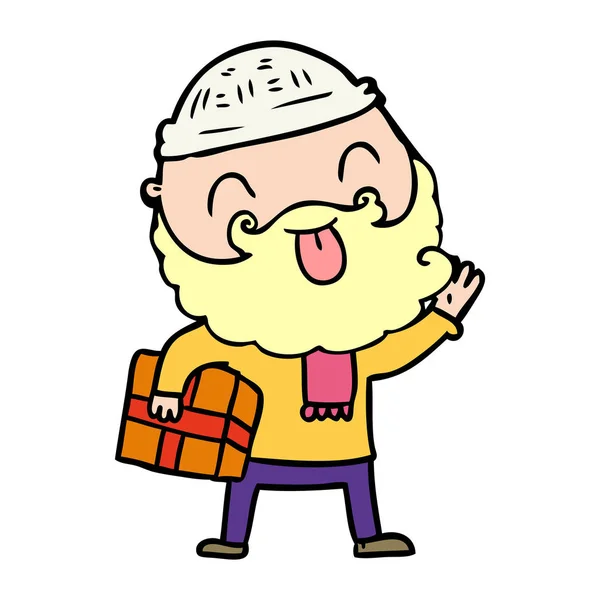 Man Beard Carrying Christmas Present — Stock Vector