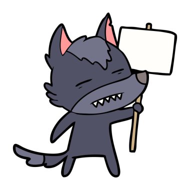 çizgi film kurt diş gösterilen işareti yazı ile