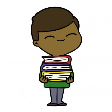 karikatür kitap yığını ile boy gülümseyerek