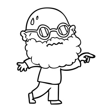 Sakal ve gözlük parmak işaret endişeli adam çizgi film