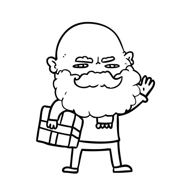 クリスマスの贈り物と顔をしかめひげを持つ漫画男 — ストックベクタ