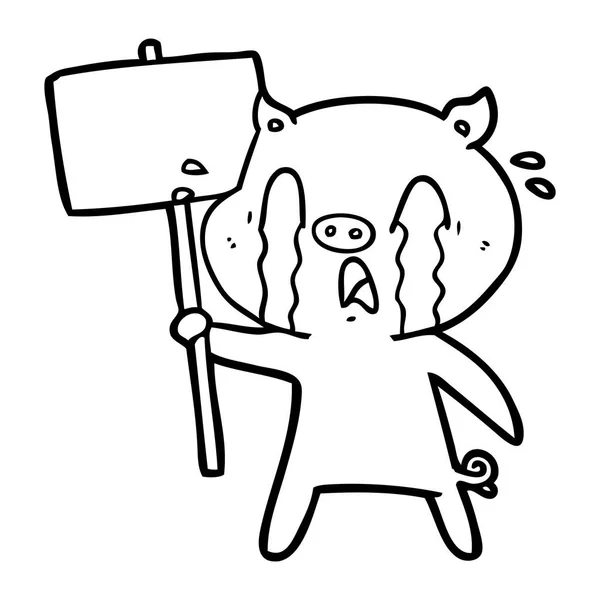 哭泣的猪卡通与抗议标志 — 图库矢量图片