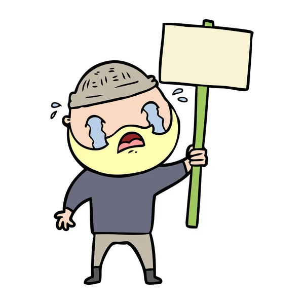 Cartone Animato Barbuto Manifestante Piangendo — Vettoriale Stock