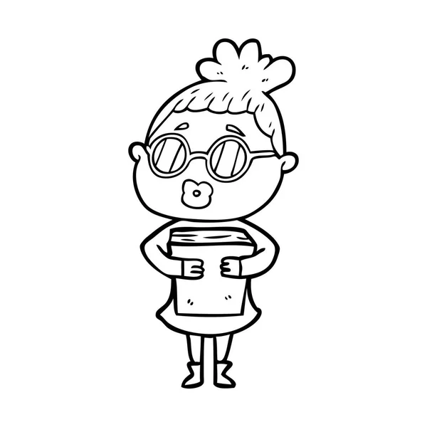 Mujer Dibujos Animados Con Libro Con Gafas — Vector de stock