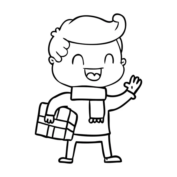 Dibujos Animados Hombre Riendo Sosteniendo Regalo — Vector de stock