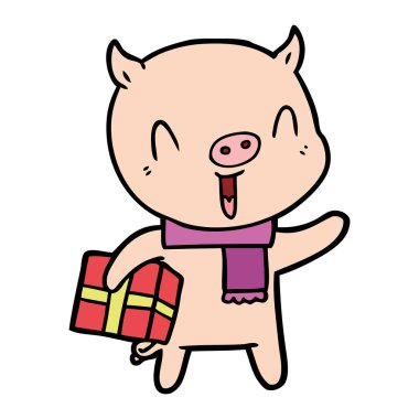 xmas hediye ile mutlu karikatür domuz