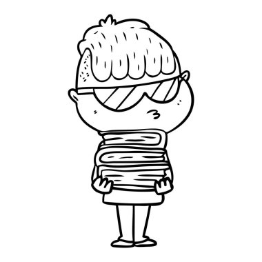 çizgi film çocuk kitap yığını ile güneş gözlüğü takıyor