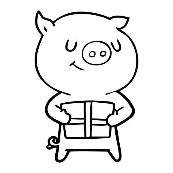 Glückliches Cartoon Schwein Mit Weihnachtsgeschenk — Stockvektor
