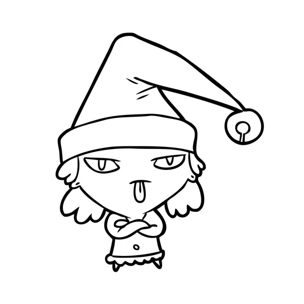 Line Drawing Girl Wearing Christmas Hat — Stock Vector