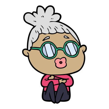 gözlük giyen karikatür oturan kadın