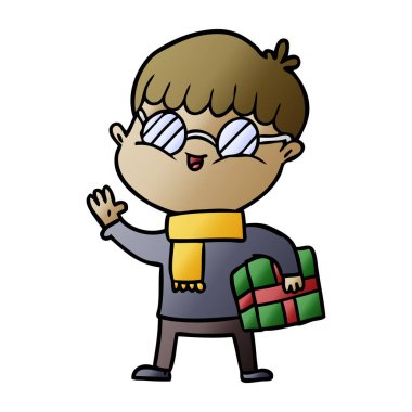 çizgi film çocuk hediye taşıyan gözlük takıyor