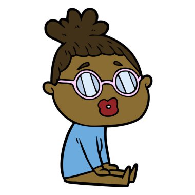 gözlük giyen karikatür oturan kadın