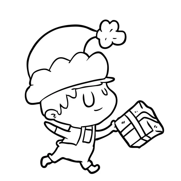 Line Drawing Happy Christmas Elf Present — Stock Vector