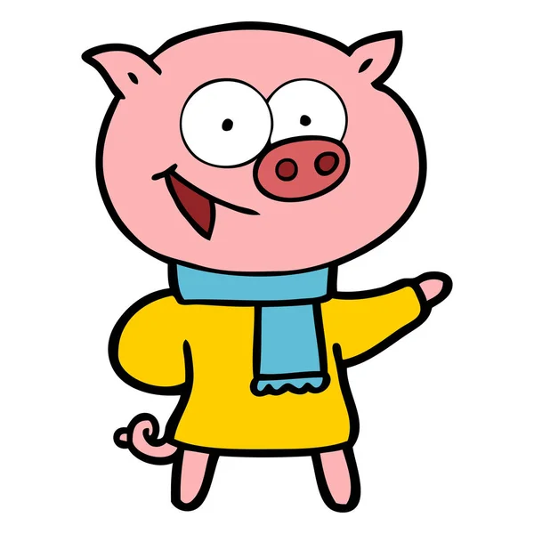 Cheerful Pig Wearing Winter Clothes Cartoon — Stock Vector