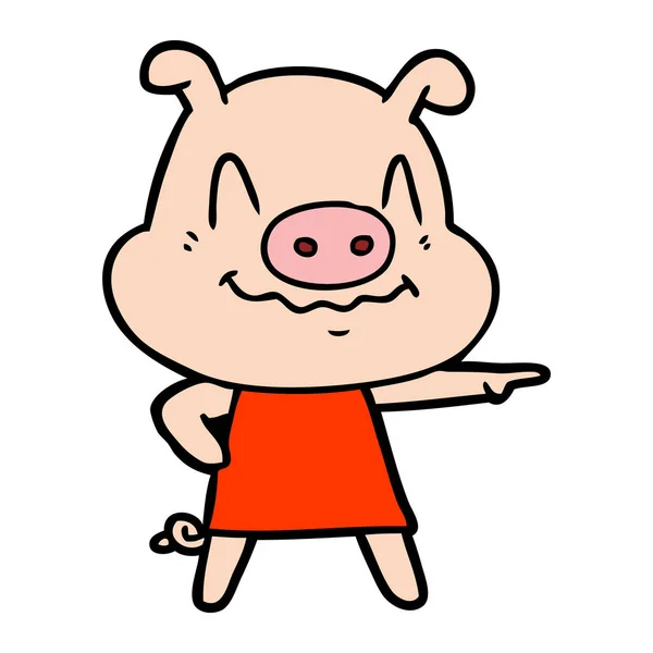 Nerveux Cochon Dessin Animé Portant Robe — Image vectorielle