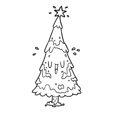 mutlu yüz ile karlı Noel ağacının çizgi çizme