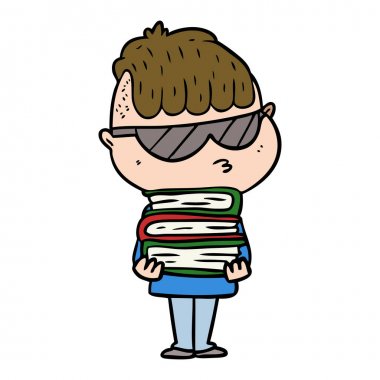 çizgi film çocuk kitap yığını ile güneş gözlüğü takıyor
