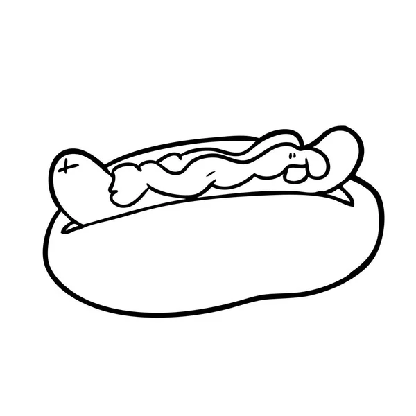 Lijntekening Van Een Hotdog Met Mosterd Ketchup — Stockvector