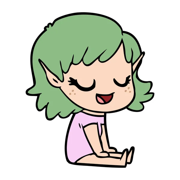 Happy Cartoon Elf Girl Sitting Floor — Stock Vector