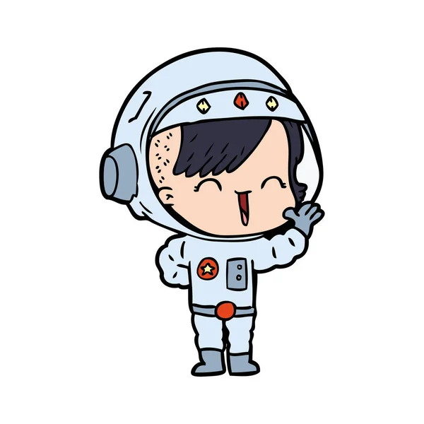 Karikatur Glückliches Astronautenmädchen Winkt — Stockvektor