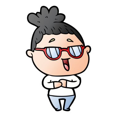 karikatür mutlu kadın gözlük takıyor