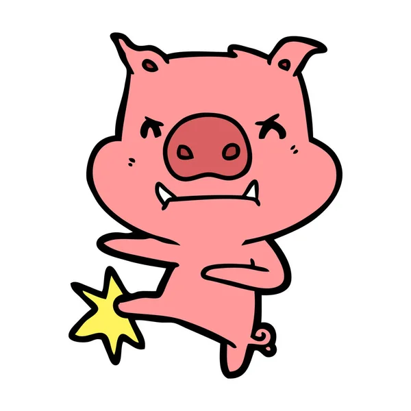 Angry Cartoon Pig Karate Kicking — Stock Vector