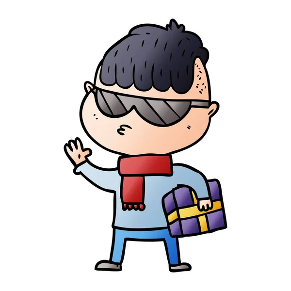 Cartoon Boy Wearing Sunglasses Carrying Xmas Gift — Stock Vector