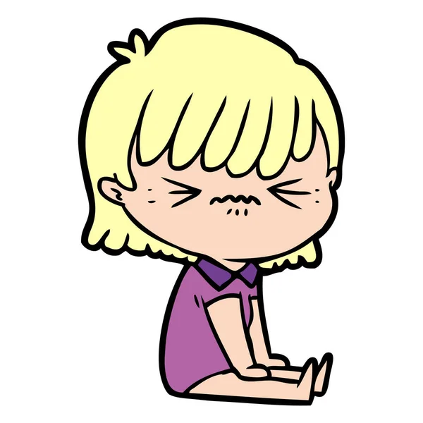 生气的卡通女孩坐在 — 图库矢量图片