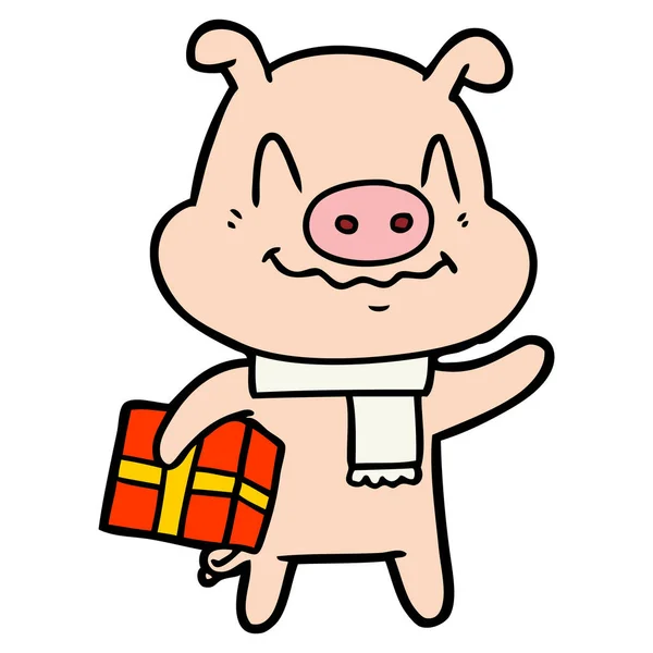 Nervous Cartoon Pig Present — Stock Vector