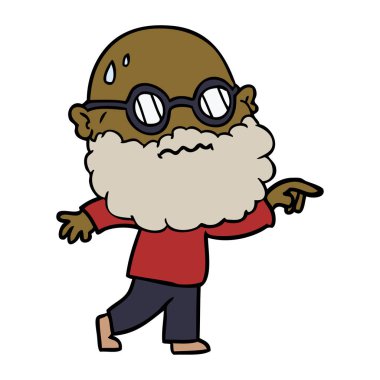 Sakal ve gözlük parmak işaret endişeli adam çizgi film