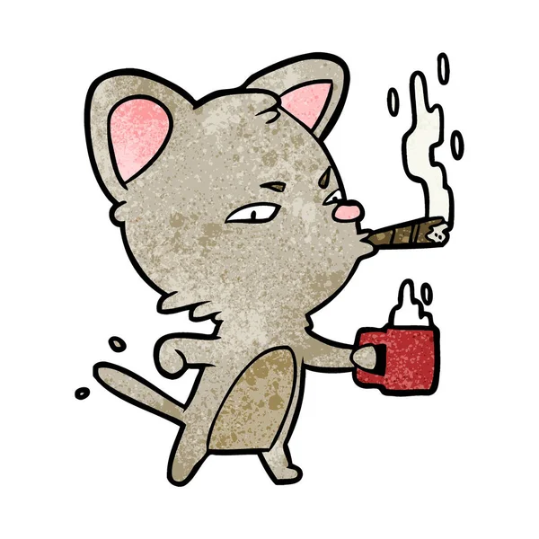 Cartoon Allvar Katt Med Kaffe Och Cigarr — Stock vektor