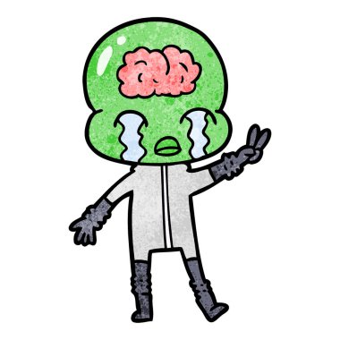 ağlama ve barış işareti veren karikatür büyük beyin uzaylı