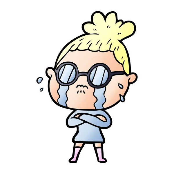 Desenho Animado Chorando Mulher Vestindo Óculos — Vetor de Stock