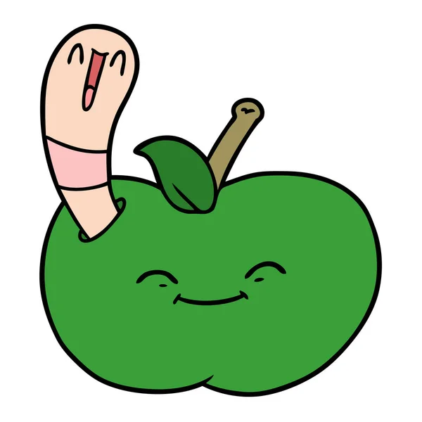 Dessin Animé Ver Heureux Dans Une Pomme — Image vectorielle