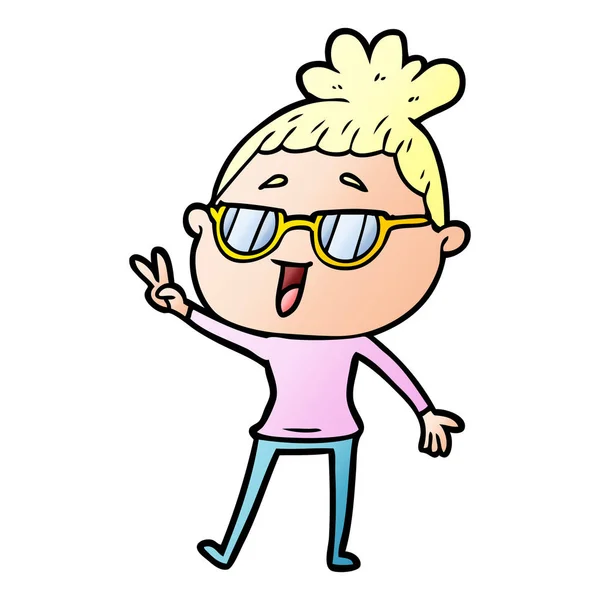 Γελοιογραφία Ευτυχισμένη Γυναίκα Που Φοράει Γυαλιά — Διανυσματικό Αρχείο