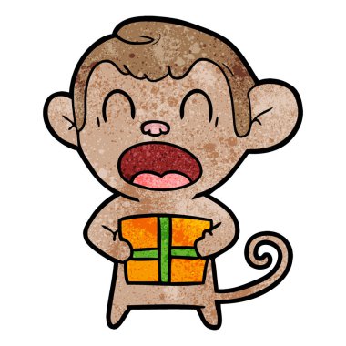 Noel hediyesi taşıyan karikatür maymun bağırarak