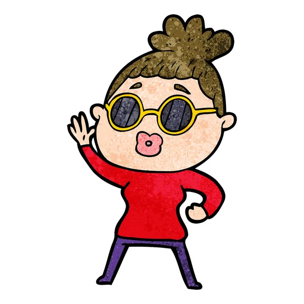 Cartoon Waving Woman Wearing Sunglasses — Stock Vector
